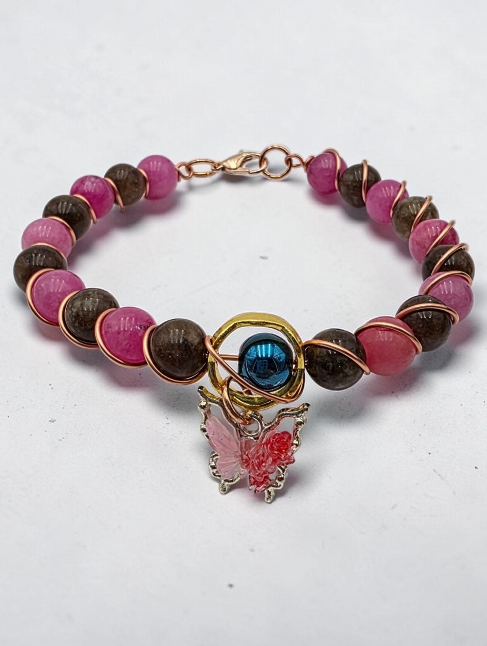 Pink & Green Beaded Butterfly Charm Bracelet - Handmade